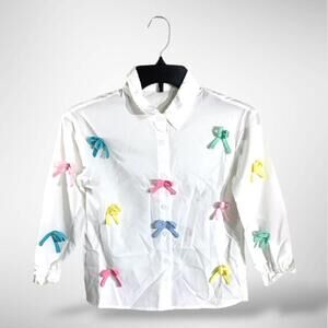 NWT WDIRARA Girl's Bow Button Down Long Sleeve Collar Shirt, 8Y